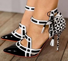 Geometric Patern High Heel Shoes Women Contrast Colors Tie up Checkered Point Toe Pumps Black And White Leather Cut-out Shoes 2024 - buy cheap