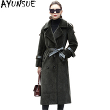 AYUNSUE Женское пальто из овечьей шерсти, плотное пальто с натуральным мехом, женская теплая зимняя куртка 2020, длинный Тренч с поясом, F-706 2024 - купить недорого