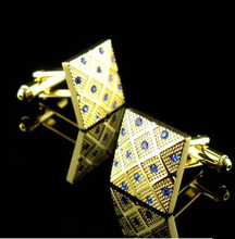 Frete grátis abotoaduras cristal dourado cor azul strass design quadrado promoção abotoaduras de cobre atacado e varejo 2024 - compre barato