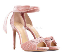 Women New Fashion Open Toe Bowtie Stiletto Thin Heel Sandals Ankle Strap Lace-up Pink Blue Velvet High Heel Sandals Dress Shoes 2024 - buy cheap