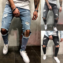 Мужские джинсы, черные джинсы, тонкие рваные джинсы с дырками, модные джинсы-карандаш в стиле хип-хоп для мужчин, высокая уличная одежда, Стрейчевые джинсы homme 2024 - купить недорого