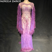 Feminino sexy palco fio líquido vestido roxo borla cintilante cristais palco wear dançarino cantor discoteca desempenho trajes de dança 2024 - compre barato