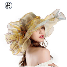 Fashion Summer Organza Kentucky Derby Hats For Women Elegant Laides Church Wedding Wide Large Brim With Big Flower Hat 2024 - buy cheap