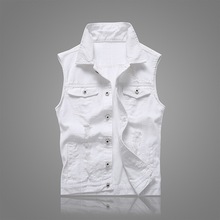 White Hole Vest Denim Men Slim Fashion Casual Solid Color Spliced Male Ripped Coats Vest Turn-Down Collar Tide 2024 - buy cheap