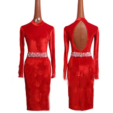 Vestido de dança latina de veludo vermelho manga longa latina vestido de salsa de salão de baile rumba tango dança mostrar trajes de palco bl1412 2024 - compre barato
