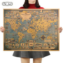 TIE LER Blue Vintage Kraft Paper Poster World Map Great Building Wall Sticker Art Craft Map Bar Cafe Decor 68.5X51.5cm 2024 - купить недорого