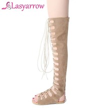 Lasyarrow Women Sandals 2019 Summer Flats Sexy Thigh High boots Gladiator Sandals Fashion Designer Hollow Lace Up Casual Shoes 2024 - buy cheap