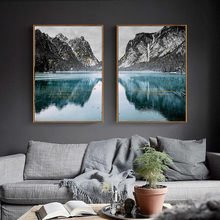 Pintura de paisaje de montaña y lago para decoración del hogar, lienzo nórdico, combinación de arte, impresión artística de pared de salón, imagen de paisaje de oro 2024 - compra barato