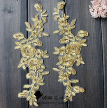 2 Pieces/1 Pair  2016 Hot Sale Sewing Patch For Wedding Costume Dress Decor 25*10cm Luxury Gold Embroidered Lace Applique 2024 - compre barato