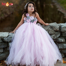 Vestido vintage de flores cinza e rosa, vestido tutu de casamento feito a mão para meninas, vestido infantil elegante para baile de crianças 2024 - compre barato