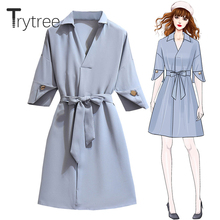 Trytree Summer Autumn Women Casual Dress Solid V-neck Shirt Dresses Flare Sleeve Belt Silky Knee-Length Office Lady A-Line Dress 2024 - buy cheap