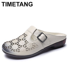 TIMETANG  Women Genuine Leather Slippers Summer Flat Slides SlipOn Shoes Hollow Outside Women Slippers Sandals Ladies SlidesE787 2024 - compre barato