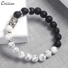 Moda branco e preto lava pedra pulseira para mulher ou homem buda oração contas pulseiras pulseiras casal jóias 2024 - compre barato