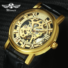 WINNER Gold Royal Mechanical Lover Men Women Watches Roman Numerals Dial Skeleton Hand-wind Watch Leather Strap Top Brand Luxury 2024 - buy cheap