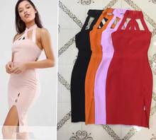 Nuevos vestidos de fiesta ceñidos anaranjados elegantes atractivos de moda para mujeres de cuello alto 2024 - compra barato