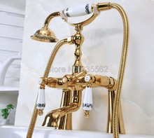 Ouro latão deck monte clawfoot banheiro torneira da banheira chuveiro de mão misturadora lna143 2024 - compre barato