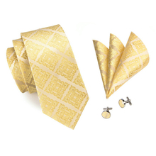New Arrival Men Tie Yellow Gold  Plaid Wedding Tie For Men Handky Cufflinks Silk Tie Set Party Business DiBanGu Designer MJ-1036 2024 - buy cheap