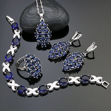 Conjuntos de joyas de plata esterlina 925 para fiesta, pendientes/colgante/Collar/anillo/pulsera de circonia cúbica azul para decoración de mujer 2024 - compra barato