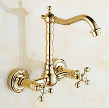 Luxury Gold Color Brass Wall Mounted Basin Faucets Double Handle Dual Hole Bathroom Sink Swivel Faucet Mixer Tap ZD020 2024 - compre barato