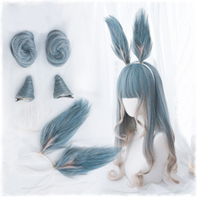 Peruca lolita harajuku com gradiente, cor azul mista, cosplay, buzinhas, orelhas de coelho, doce, cacheado, longa, sintética, para adultos e meninas 2024 - compre barato