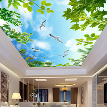 Papel de parede azul céu branco com nuvens, folhas verdes, teto, sala de estar, quarto, decoração mural de teto, foto personalizada 2024 - compre barato