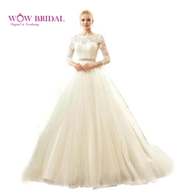 Wowbridal 2021 изящные кружевные свадебные платья с круглым вырезом, аппликацией и открытой спиной, атласные бальные платья с вышивкой и бантом из тюля со шлейфом 2024 - купить недорого