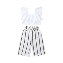 Fashion Kids Girls Clothes Set Sweet Baby Girl Summer Clothes White Ruffle Crop Top Striped Bow Long Pants Outfit Princess Sets 2024 - compre barato