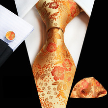 Classic Silk Ties Sets Gold  Floral Tie Hanky Cufflinks Sets Jacqaurd Necktie 2024 - buy cheap