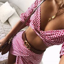 2019 New Hot Summer 2 Two Piece Set Dress Women Sexy Off Shoulder Ruffles Crop Tops Skirts Set Plaid Print Female Casual Outfits 2024 - buy cheap