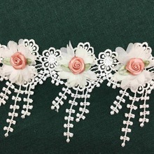Cinta de encaje bordada con flecos y flores rosas, Cinta Blanca Soluble de 10 unidades, para costura artesanal, decoración de vestido de boda 2024 - compra barato