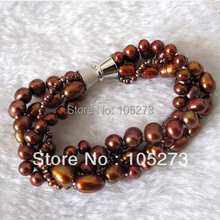Lovely Pearl Jewelry 7.5inch AA3-10MM 4Row Coffee Baroque Off Round Natural Freshwater Pearl Bracelet Magnet Clasp Free Shipping 2024 - купить недорого