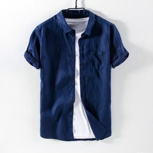 2018 новая дизайнерская льняная рубашка с короткими рукавами Мужская однотонная Модная рубашка для отдыха мужские синие рубашки с квадратным воротником больших размеров 2024 - купить недорого