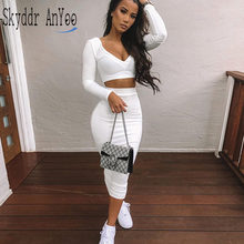 2020 Women Sexy Two Piece Set  V-neck Long Sleeve Crop Top And Long Skirt Sets Autumn Winter Bodycon Clothes Two Piece Outfits 2024 - buy cheap