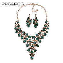 Ppg & pgg conjunto de joias de casamento para mulheres, colar feminino com cristais e strass verde 2024 - compre barato