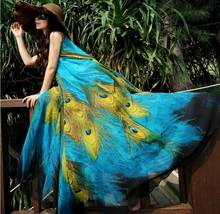 Boho Women Clothing Chiffon Maxi Dress Sleeveless Peacock Feather Print Sash Plus Size Casual Loose Swing Tunic Long Beach Dress 2024 - buy cheap