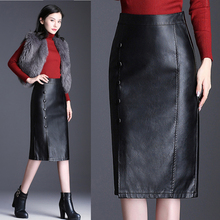 Autumn Winter Fashion Women High Waist Buttons Long Black Pu Leather Skirt , Female Office Lady Placket 4xl Pencil Skinny Skirts 2024 - buy cheap