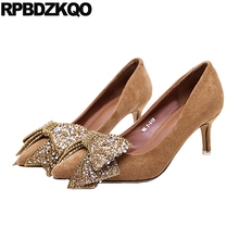 pumps slingback sparkling high heels pointed toe crystal shoes women 2019 thick diamond thin bow suede ladies rhinestone quality 2024 - buy cheap