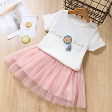 Conjunto de ropa para niñas, Camiseta de algodón con diseño de jugo de naranja y falda de encaje de malla, 2 uds., trajes para niñas pequeñas 2024 - compra barato