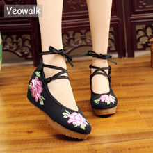 Veowalk sapatos de plataforma bordados florais, sapatos de lona casual femininos bordados de algodão conforto com tira de tornozelo longa 2024 - compre barato