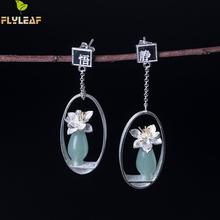 Flyleaf Natural jade Gold Flower Drop Earrings For Women 100% 925 Sterling Silver Chinese Style Vintage Jewelry 2024 - buy cheap