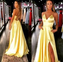 Vestidos de Noche amarillos de satén con escote en V, sexys, línea A, vestidos de fiesta formales con espalda cruzada 2024 - compra barato