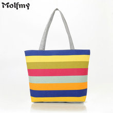 Molmfy Canvas Shopper Bag Striped Rainbow Prints Beach Bags Tote Women Ladies Girls Shoulder bag Casual Shopping Handbag 2024 - buy cheap