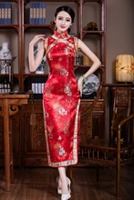 Vermelho Chinês Tradicional Roupas Femininas Cetim de Poliéster Longo Cheongsam Qipao Vestido Mujer Vestido Tamanho S M L XL XXL JY025-1 2024 - compre barato