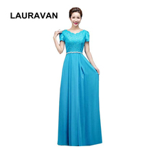 blue yellow a-line elegant modest cheap women's chiffon bridesmaid formal floor length dress lace applique girl size 12 16 2024 - buy cheap