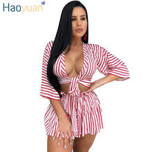 HAOYUAN Sexy Two Piece Set 2019 Striped Bow Tops and Shorts Sweat Beach Suits Casual Tracksuits Summer Outfits 2 Piece Set Women 2024 - buy cheap