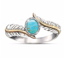 Fashion Vintage Women Blue Turquoise Stone Feather Wedding Ring For Female Gold Silver Double Color Party Ring Gift Jewelry R364 2024 - buy cheap