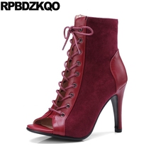 Front Lace Up Casual Ankle Boots Autumn Open Toe 10 Wine Red Peep Summer Sandals Big Size Stiletto Booties Shoes Women High Heel 2024 - buy cheap