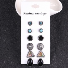 Conjunto de pendientes de tuerca con diamantes de imitación, aretes redondos, gemas naturales, triangulares, ovalados, Estilo Vintage, turquesas, 6 par/set 2024 - compra barato