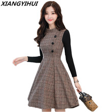 Autumn Winter Dress Women 2019 New Fashion Plaid Woolen Dress Stitching Slim Large size Long sleeves Women Office Dress 2024 - buy cheap