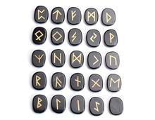 Natural Black Obsidian Carved Crystal Reiki Healing Palm Stones Engraved Pagan Lettering Wiccan Rune Stone Set with a Free Pouch 2024 - buy cheap